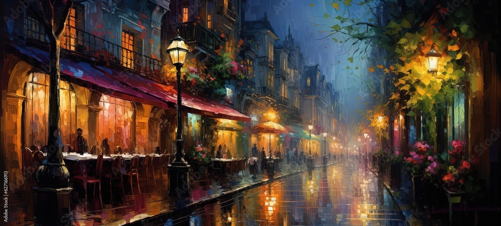 art illustration, bustling city street with people and restaurant at night time, Generative Ai art illustration, bustling city street with people and restaurant at night time, Generative Ai