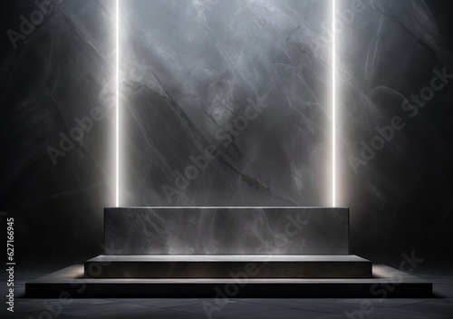 Luxurious empty product marble stone podium and forest green leaves on dark background. Concept scene stage for promotion, sale, presentation or cosmetic. AI Generative.