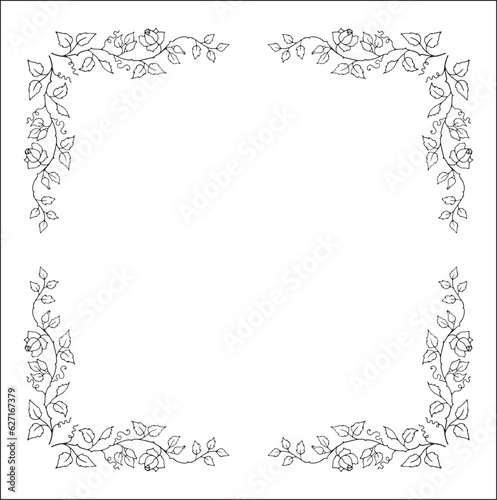 Vegetal ornamental frame with roses, decorative border for greeting cards, banners, invitations. Isolated vector illustration. 