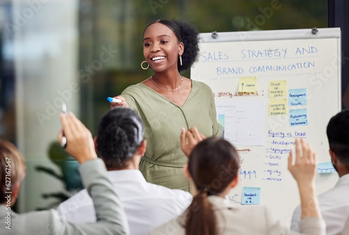 Fotobehang Hands, questions and black woman with presentation in business meeting for sale, strategy or idea