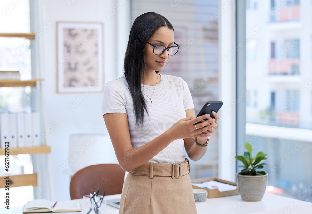 Business woman with smartphone, chat and typing with social media, communication and connectivity in workplace. Female professional on break, mobile app with text message and using phone at office Business woman with smartphone, chat and typing with social media, communication and connectivity in workplace. Female professional on break, mobile app with text message and using phone at office