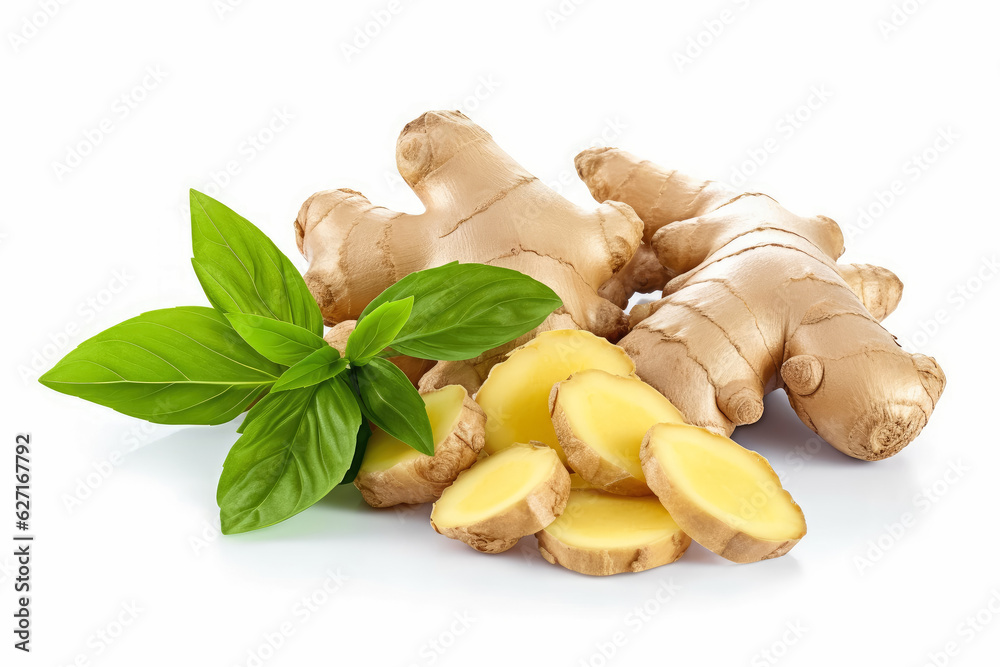 Fototapeta premium Fresh ginger root sliced ​​with green leaves, Ginger rhizome isolated on white background , Created with Generative Ai Technology