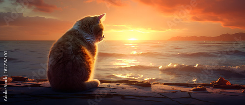 A cat sitting and enjoy sunset at beach, Generative ai
