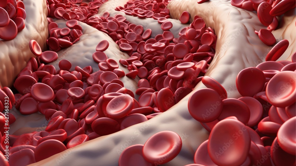 3D illustration mockup of the human organ systems, circulatory, digestive, red and white bloodcells wtih blurred backgroun. Medical education concept, Generative AI illustration