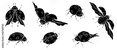 Set of silhouettes of summer ladybug insect.Vector graphics.