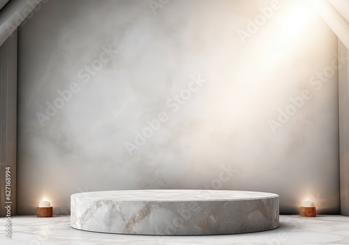 Background for cosmetic products of natural gray color. Stone podium on a gray background. AI Generative.