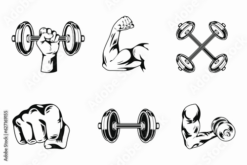 Set of sport weights for bodybuilding, fitness and weightlifting. Set of vintage gym equipment, quotes and design elements. Set of illustrations of weightlifting barbells and Design element