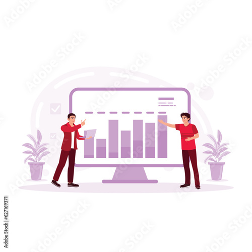 A business executive introduces a new software product at the conference stage. A businessman and an assistant are conducting a seminar. Trend Modern vector flat illustration