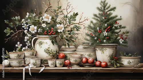 Wallpaper Mural decoration arround a little christmas tree in watercolor vintage style Torontodigital.ca