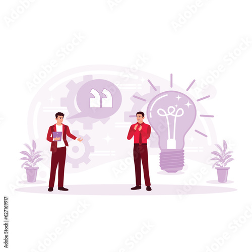 The CEO of a startup introduces a new product to his business colleagues. Lecturer on discoveries. Trend Modern vector flat illustration
