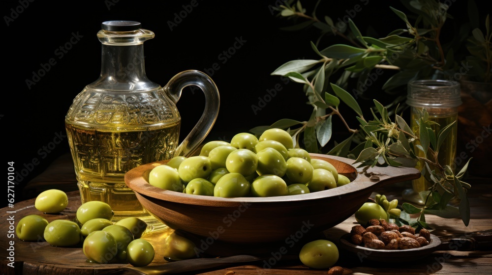 green olives and oil, ai generative green olives and oil, ai generative