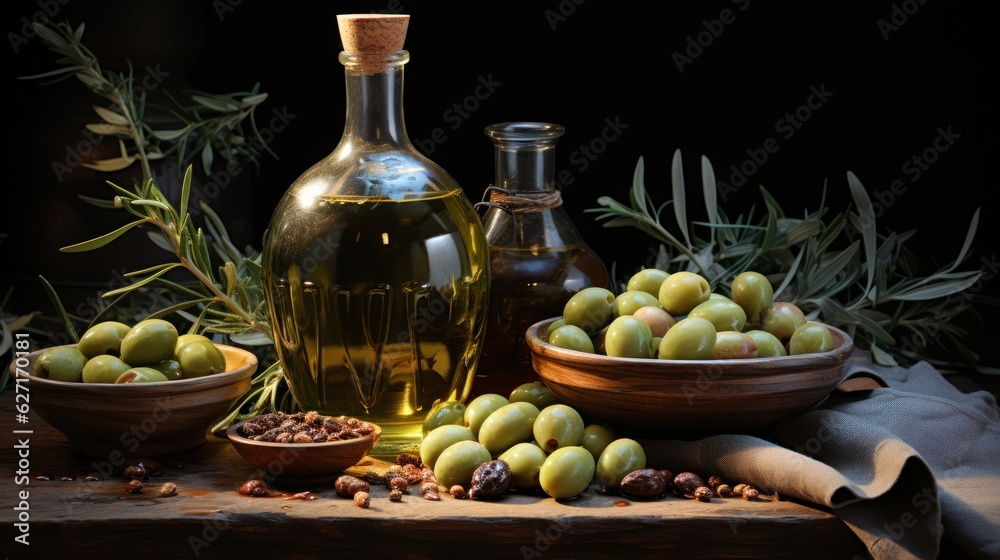 green olives and oil, ai generative green olives and oil, ai generative