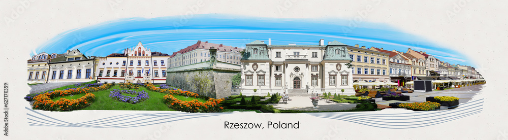 Fototapeta premium Art collage, design in modern contemporary retro style about Rzeszow at Poland