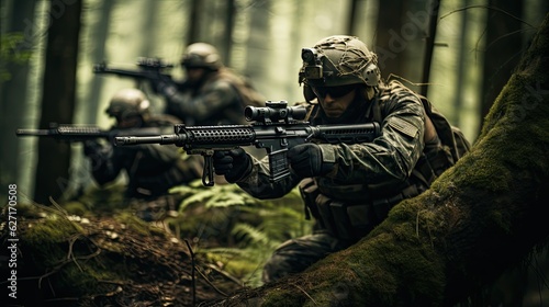 Soldiers in the forest area. Military group aiming at the enemy during an operation in a forest area.