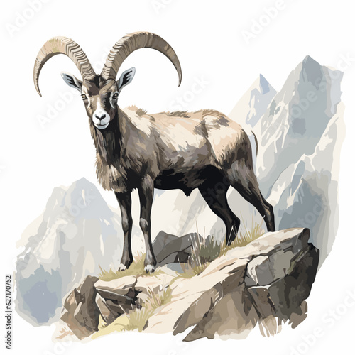 Dreamy Watercolor Alpine Ibex Art