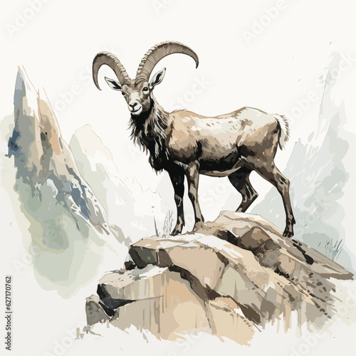 Dreamy Watercolor Alpine Ibex Art