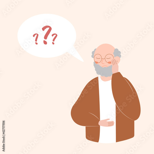 Older man has Alzheimer’s disease and a question above him in the speech bubble. Loss of short-term memory, difficulty concentrating, problems planning and pondering things are symptoms of dementia.