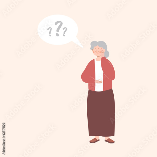 Old Pensive Grandmother Character Trying to Remember smth. Senior African Woman Suffer of Alzheimer Disease, Mental Problems, Struggle with Brain Geriatric Illness. Cartoon People Vector Illustration