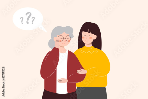 Young woman caring her grandma. Social help. Care senior, volunteer works with elderly helps supports them. Old people, memory loss, dementia, Alzheimer mental health disorder concept.