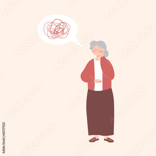 Woman has depression with bewildered thoughts in her mind. Loss of short-term memory, difficulty concentrating, problems planning and pondering things are symptoms of dementia.