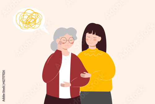 An elderly woman suffers from migraine, confusion, memory loss, dementia. Young female, volunteer helps. Mental age-related diseases. Vector flat graphics.