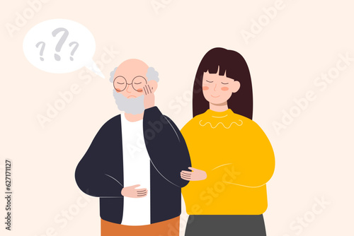 An elderly man suffers from migraine, confusion, memory loss, dementia. Young female, volunteer helps. Mental age-related diseases. Vector flat graphics. illustration