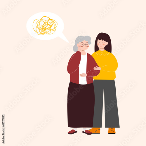 An elderly woman suffers from migraine, confusion, memory loss, dementia. Young female, volunteer helps. Mental age-related diseases. Vector flat graphics.