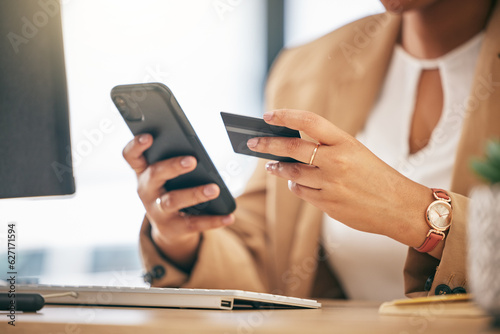 Woman, credit card and hands with cellphone in office for finance, business accounting and password. Closeup of worker, smartphone and internet payment for online shopping, fintech and trading money