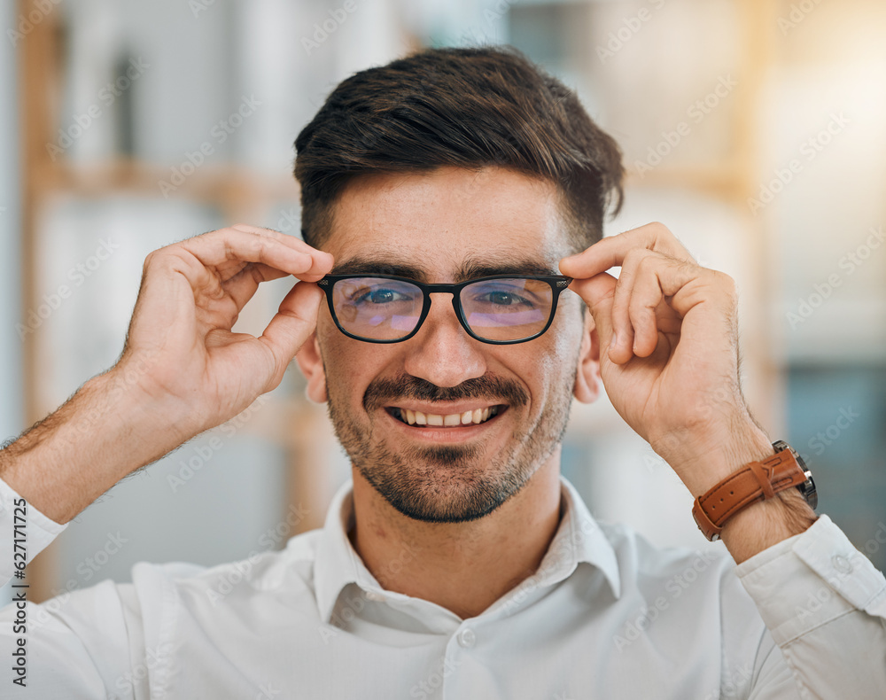 Portrait, business and man with glasses, smile and clear vision with confidence, career goals and happiness. Face, male person and professional with eyewear, spectacles and looking with sight and see Portrait, business and man with glasses, smile and clear vision with confidence, career goals and happiness. Face, male person and professional with eyewear, spectacles and looking with sight and see