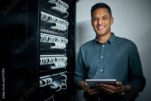 Engineer man, tablet and portrait in server room with smile, coding and check for analysis, night or programming. Information technology expert, touchscreen and happy for cybersecurity with database