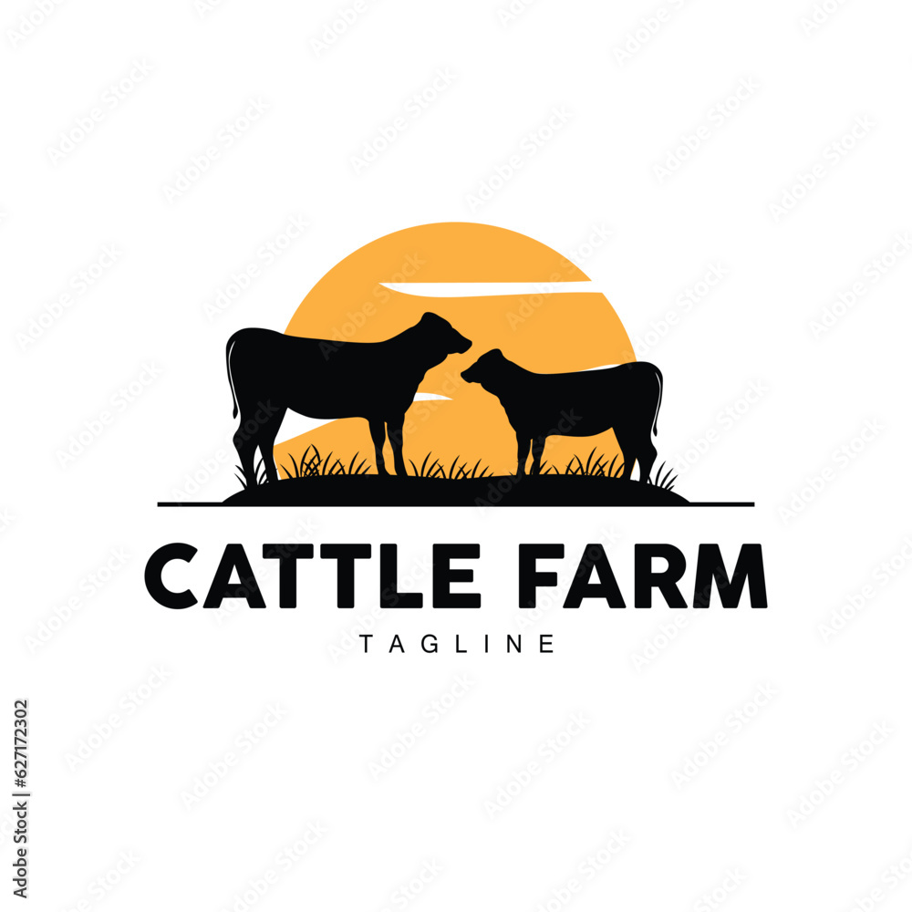 Cow Logo, Cattle Farm Vector, Silhouette Simple Minimalist Design Illustration, Symbol Template