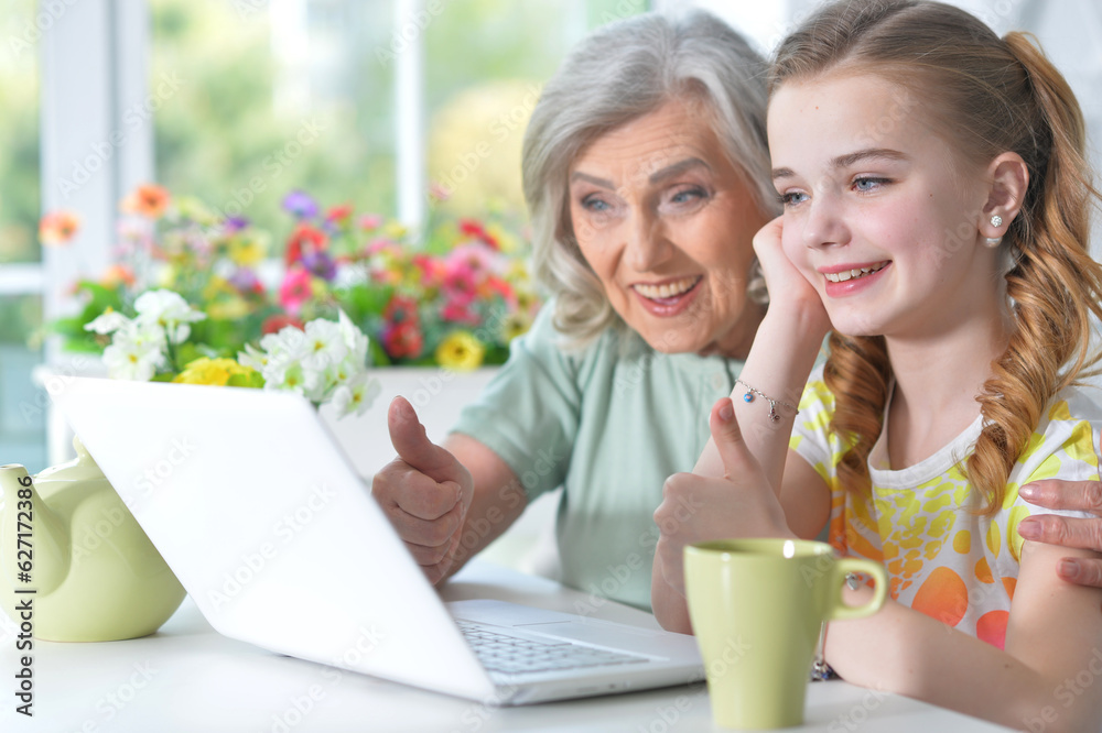 Portrait of girl with grandmother using laptop Portrait of girl with grandmother using laptop