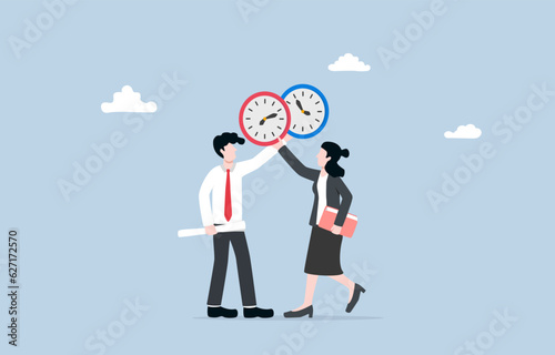 Exchange work shifts, allowing employees more flexible at work, swapping scheduled work hours to accommodate personal preferences concept, Colleagues agree to exchange clocks.