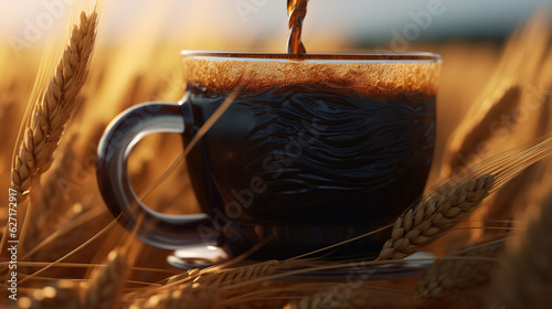 Cup of kvass on a golden field of wheat, ai art photo
