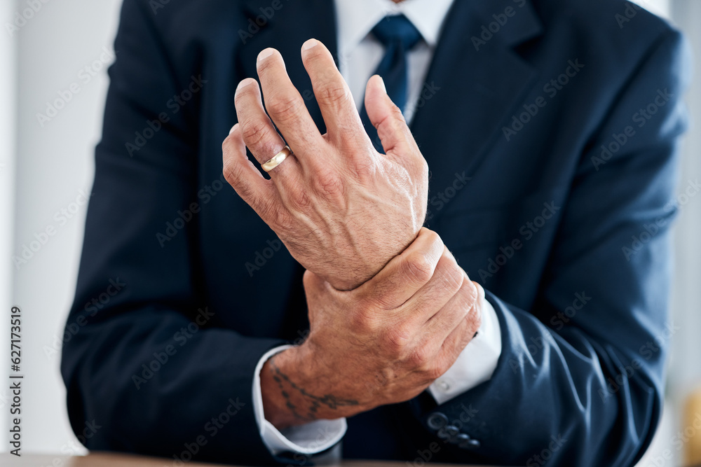 Obraz premium Wrist problem, hands and corporate person with anatomy injury, medical emergency crisis or hurt muscle strain. Trauma accident, carpal tunnel syndrome or closeup consultant, worker or agent with pain