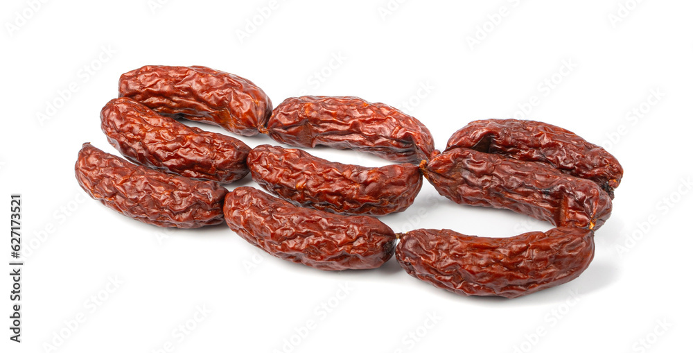 Obraz premium Dry Smoked Sausages Isolated, Salami Sticks, Kielbasa, Cabanossi, Kabanos, Dry Embutido, Chorizo, Bratwurst