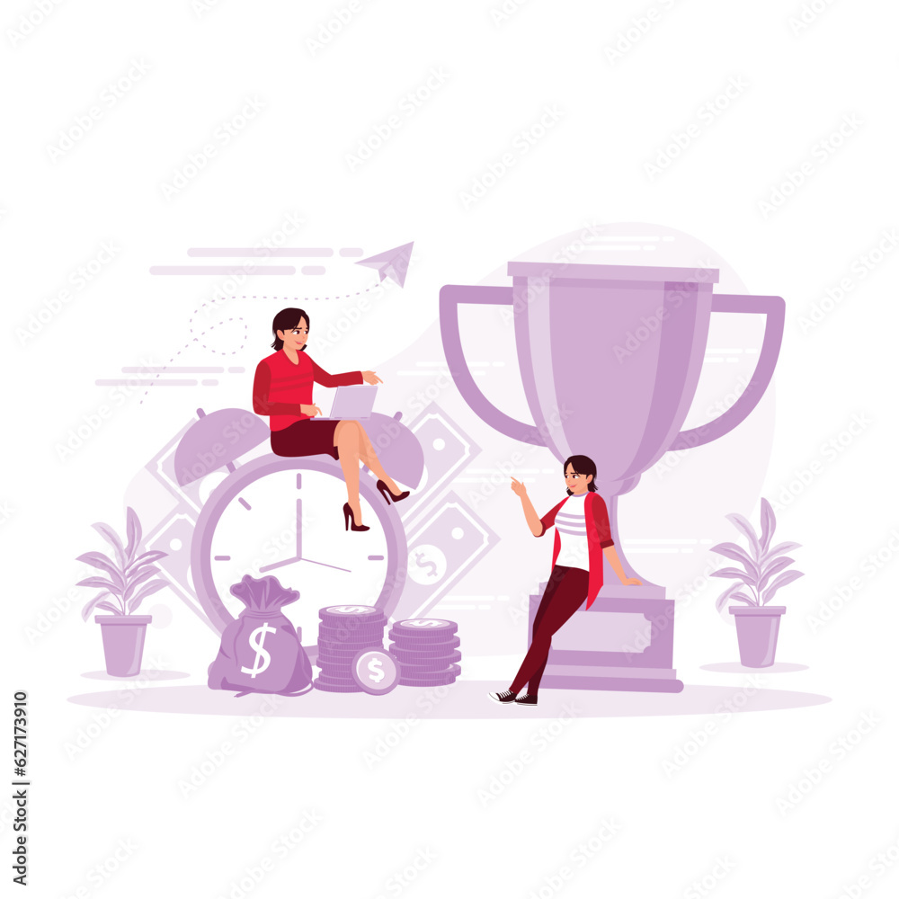 concept of time management. Successful female employees at work. Women sitting on clocks, women sitting in front of chalices. Trend Modern vector flat illustration