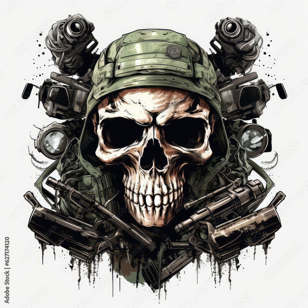 Skull military in beret t shirt print concept. AI Generative. Skull military in beret t shirt print concept. AI Generative.