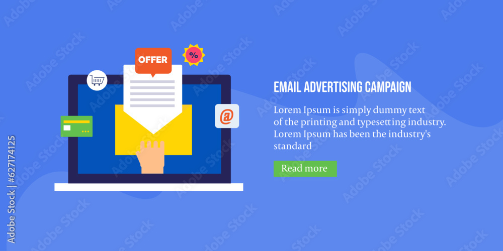 Advertising campaign email message ecommerce, business promotion newsletter subscription shopping discount offer, person interacting with mail letter. Vector illustration web banner. 