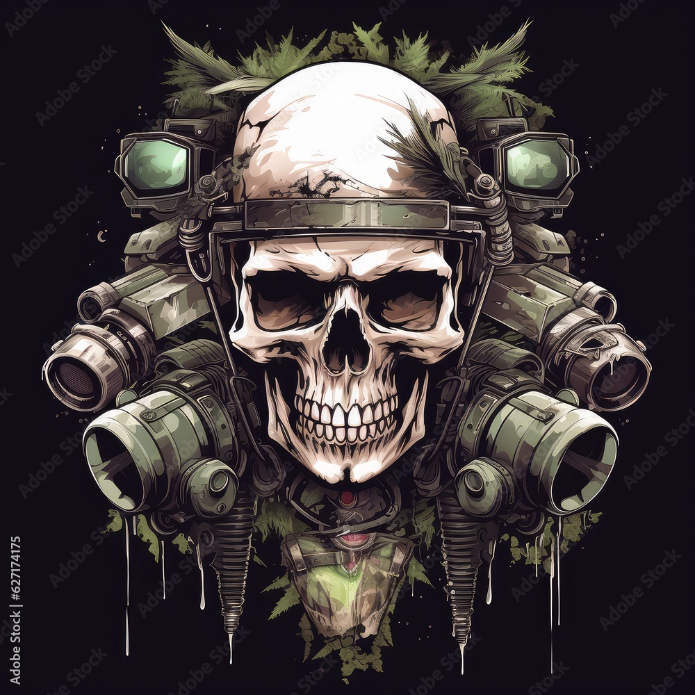 Skull military in beret t shirt print concept. AI Generative. Skull military in beret t shirt print concept. AI Generative.