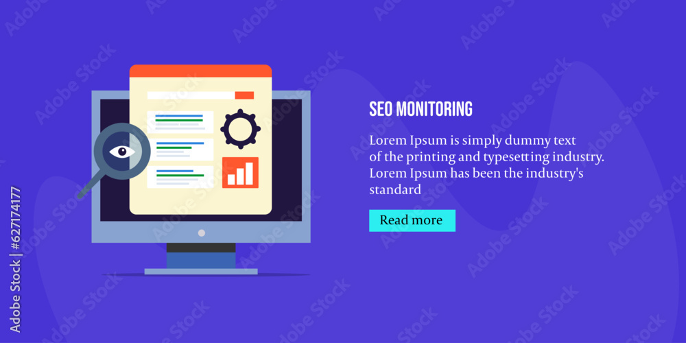 SEO monitoring, website keyword ranking position tracking on search engine page, analytics and marketing report. Vector illustration web banner.