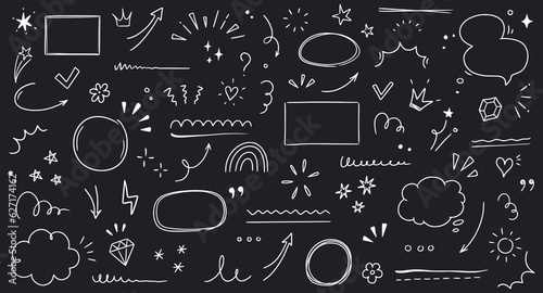 Line highlight brush, text emphasis, underline brush on chalkboard background. Hand drawn scribble highlight, arrow, star sparkle. Text underline drawn, cloud speech bubble. Vector illustration.