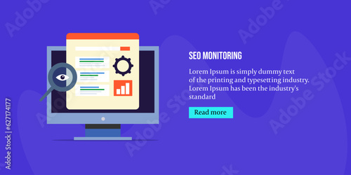 SEO monitoring, website keyword ranking position tracking on search engine page, analytics and marketing report. Vector illustration web banner.