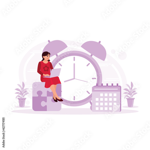 Free-time vector illustration. Businesswoman is relaxing on a puzzle. Time to take a break. Trend Modern vector flat illustration
