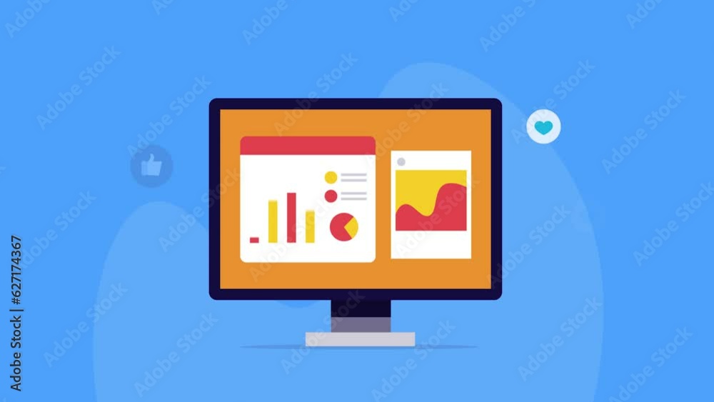 Marketing and advertising data analytics, social media insights, research business report, chart, graph and diagram on computer screen, audience, page views, click rate video animation. Marketing and advertising data analytics, social media insights, research business report, chart, graph and diagram on computer screen, audience, page views, click rate video animation.