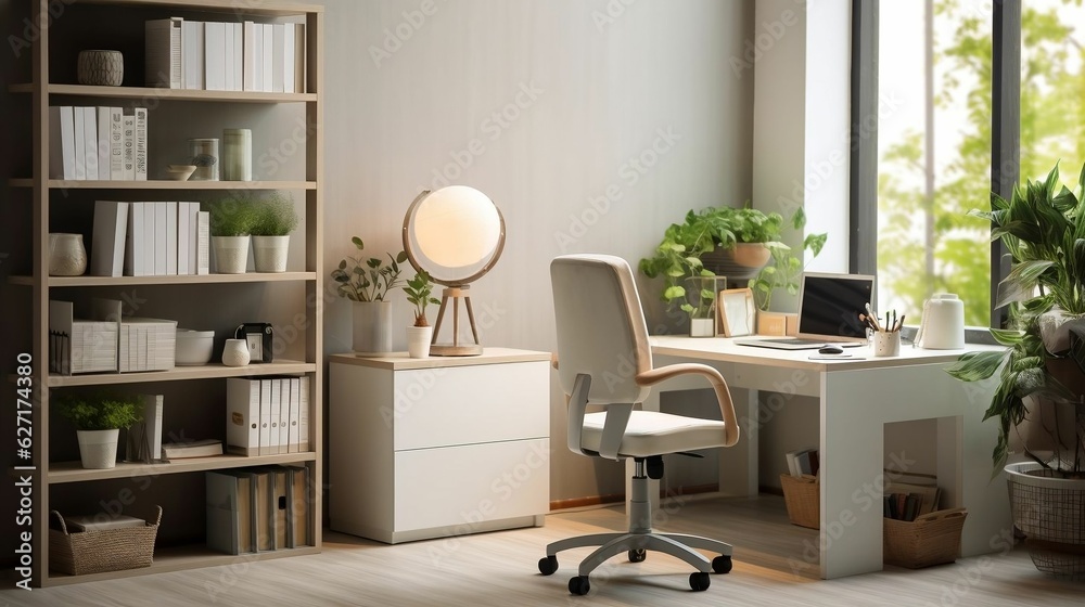 Minimalist all-white workspace promotes comfort and focus with industrial-style table lamp, ergonomic chairs, and clean bookshelves Minimalist all-white workspace promotes comfort and focus with industrial-style table lamp, ergonomic chairs, and clean bookshelves