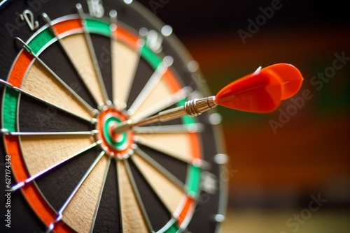 A dart on center of dart board, white background, goal business concept, AI generated.
