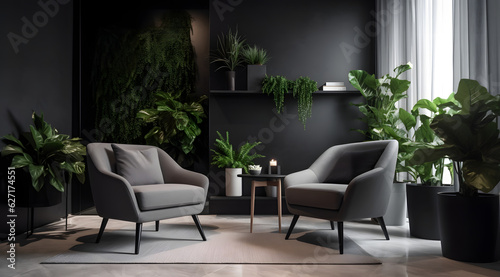 A modern luxury living room interior background  interior with black walls  living room interior mockup  dark interior of living room with a black wall  chair  and wooden console  Generative AI