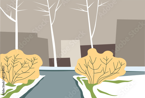 Winter street with snow, spring thaw outdoors