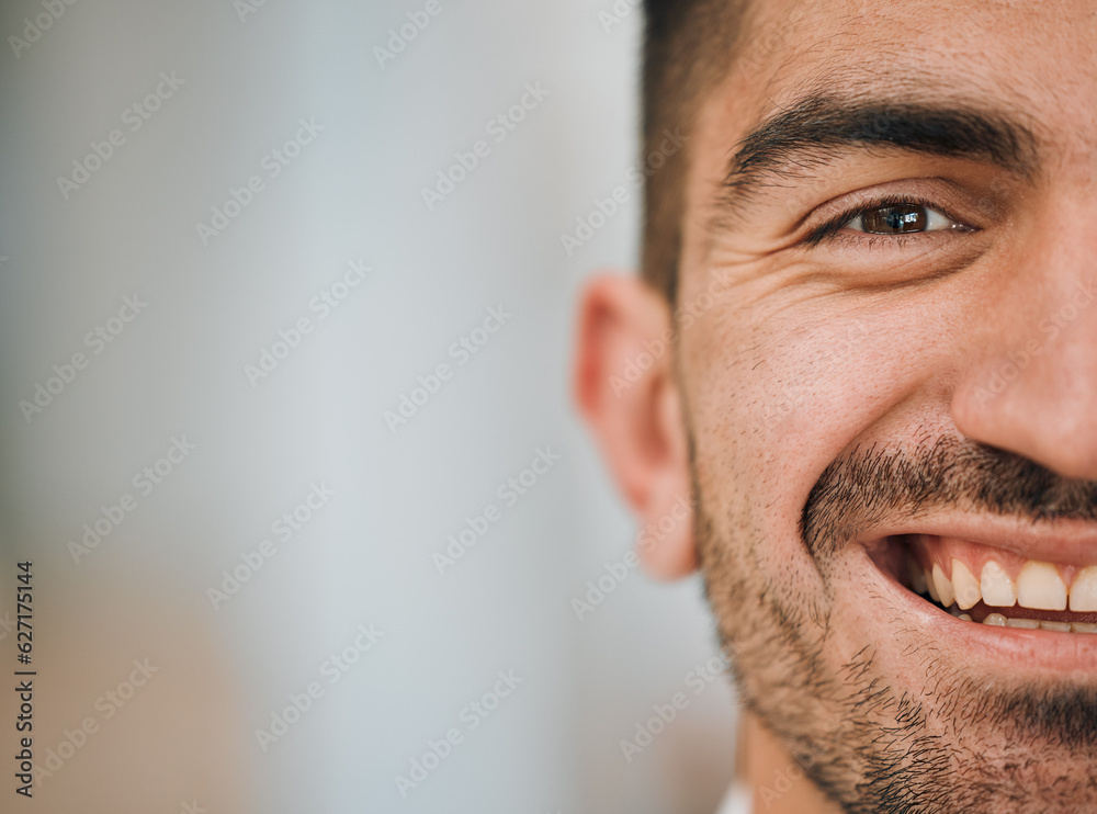 Obraz premium Happy, face and half portrait of man in office for career goals, success and professional company. Startup, smile and closeup of male worker with happiness for advertising, mockup and copy space